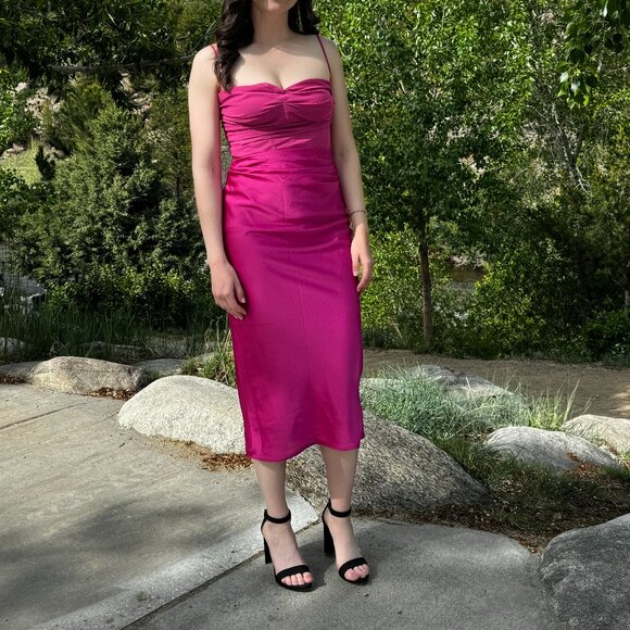 House of CB Teia Hot Pink Draped Corset Midi Dress | Size Medium - Picture 4 of 6